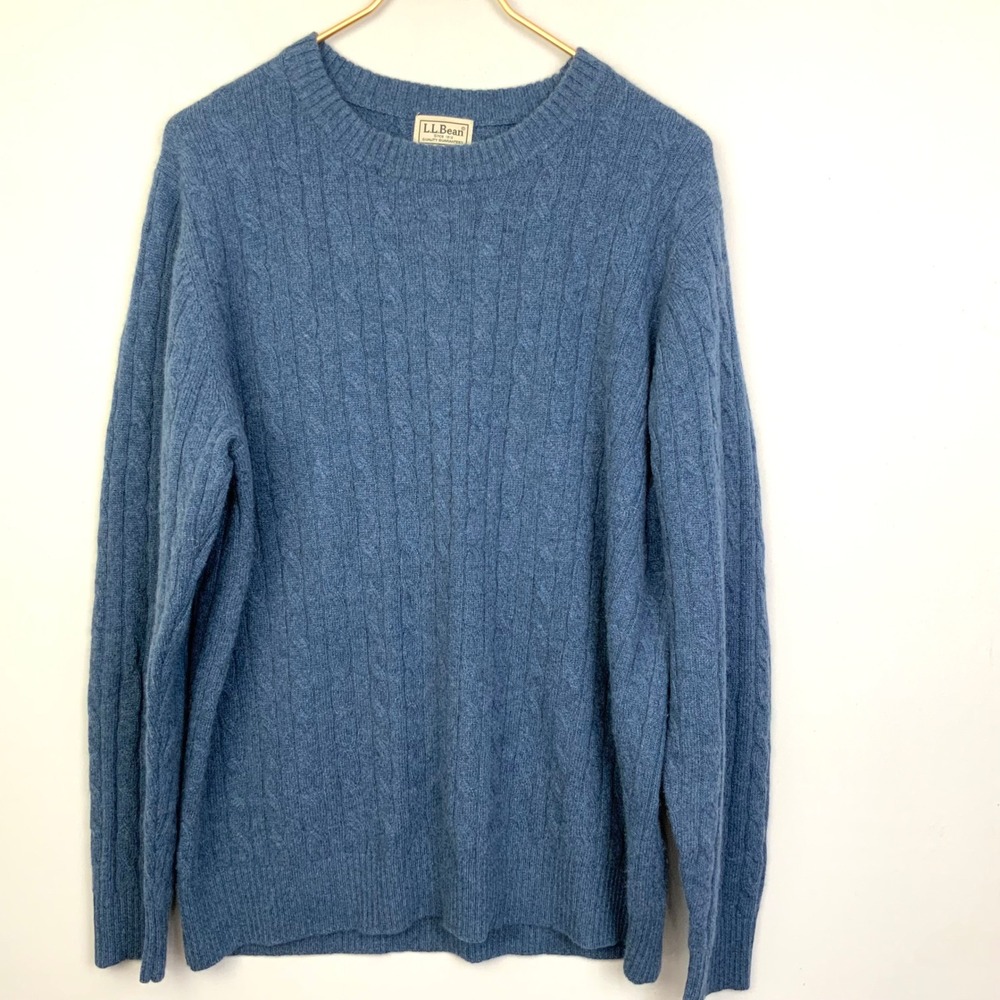 VTG LL Bean Men's Sz Large 100% Cashmere Blue Cable Knit Crew Neck Sweater 0HJP3